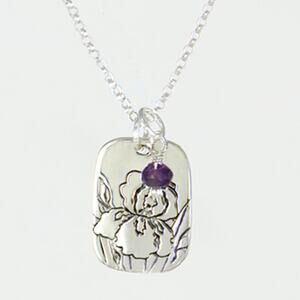 Far Fetched Amethyst Iris Flower Quote Pendant Necklace 925 Sterling Silver